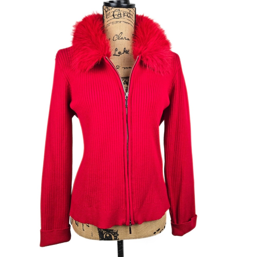 Venini Red Ribbed Knit Full‎ Zip Sweater Faux Fur Collar XL Cardigan R042436